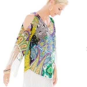 Women’s Chico’s Retro Paisley Fringe Boho Tunic Size 1 US!